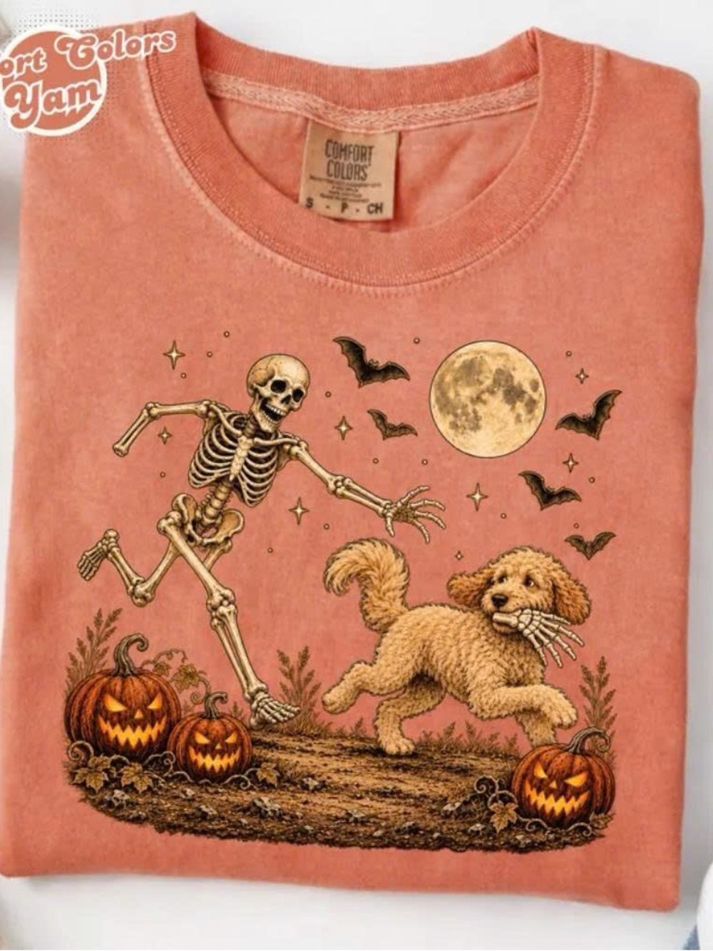 Comfort Colors Pumpkin Orange Dog & Skeleton Halloween Graphic Tee